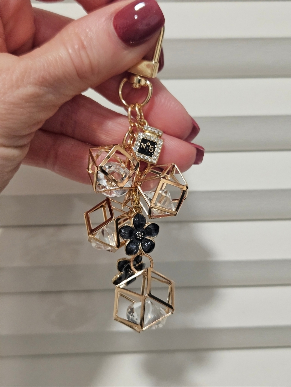 Gold Crystal Cube & Flower Keychain Bag Charm